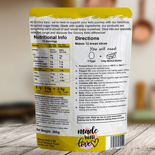 Back pouch of groovy keto banana bread mix