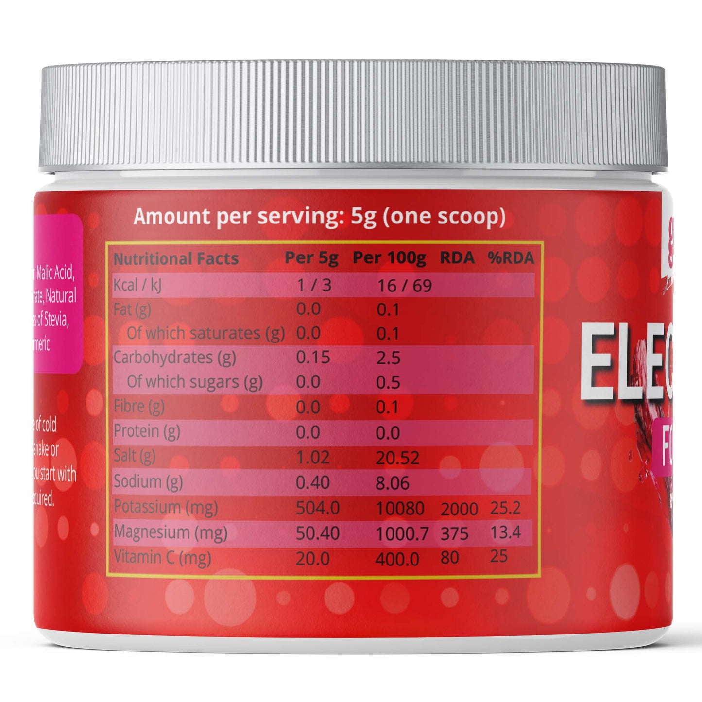 Side view of electrolytes showing amount per serving and nutrition facts