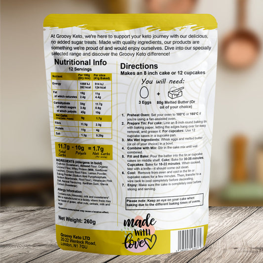 Back of groovy keto lemon cake mix pouch.