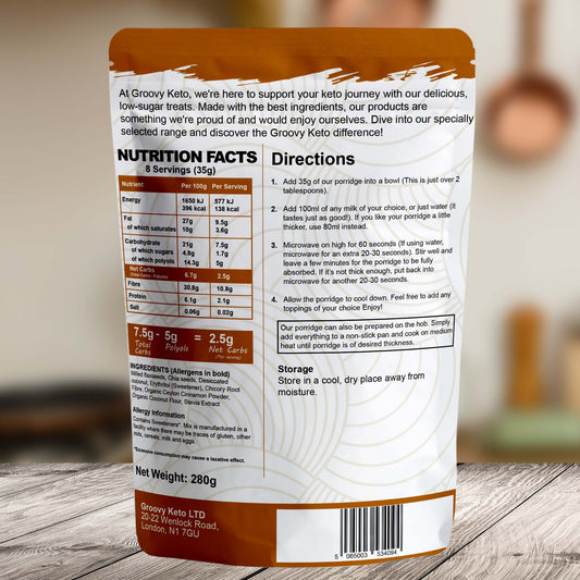 Back of keto cinnamon porridge packet