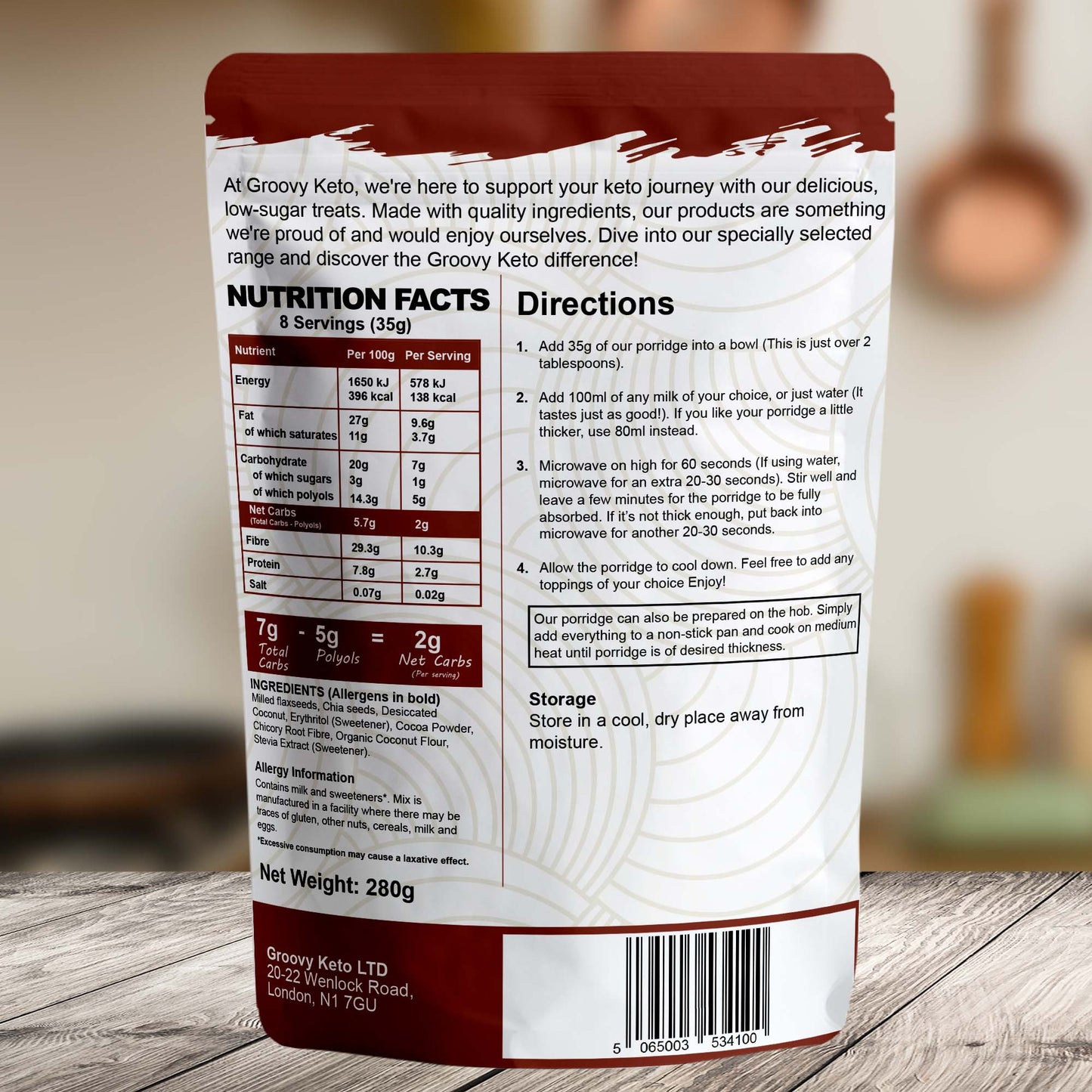 Back of cocoa porridge pouch