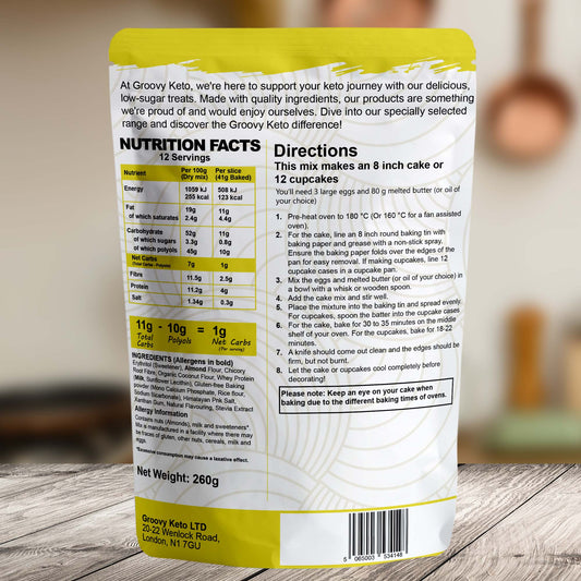 Back of keto vanilla cake mix pouch