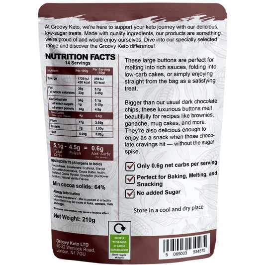 keto chocolate buttons back of pouch