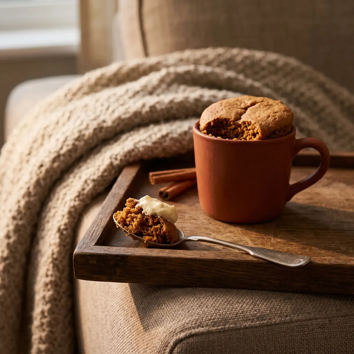 Spoonful of gingerbread mug cake on a wooden tray