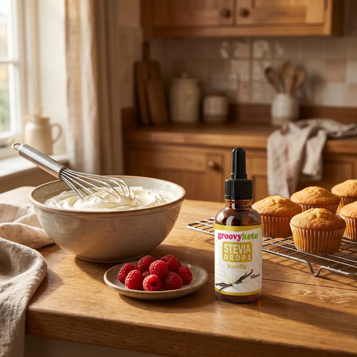 Groovy Keto Vanilla stevia drops bottle with a mixing bowl, whisk and fresh cupcakes
