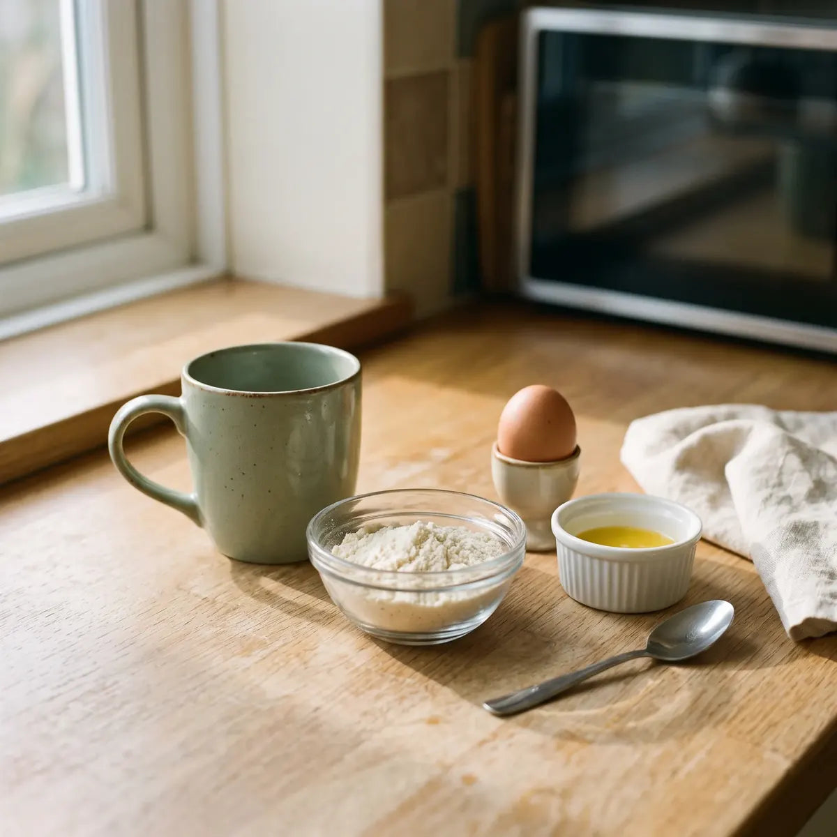 Vanilla mug cake mix in a bowl next to an egg, melted butter and an empty mug, ready to mix