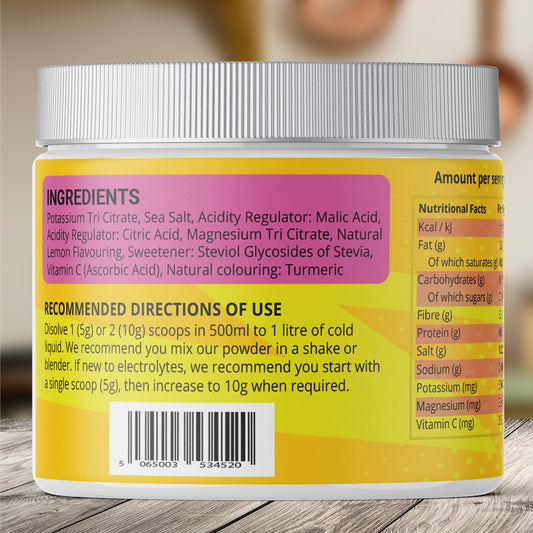 Back of keto electrolytes lemon flavoured tub with ingredients and recommended directions of use.