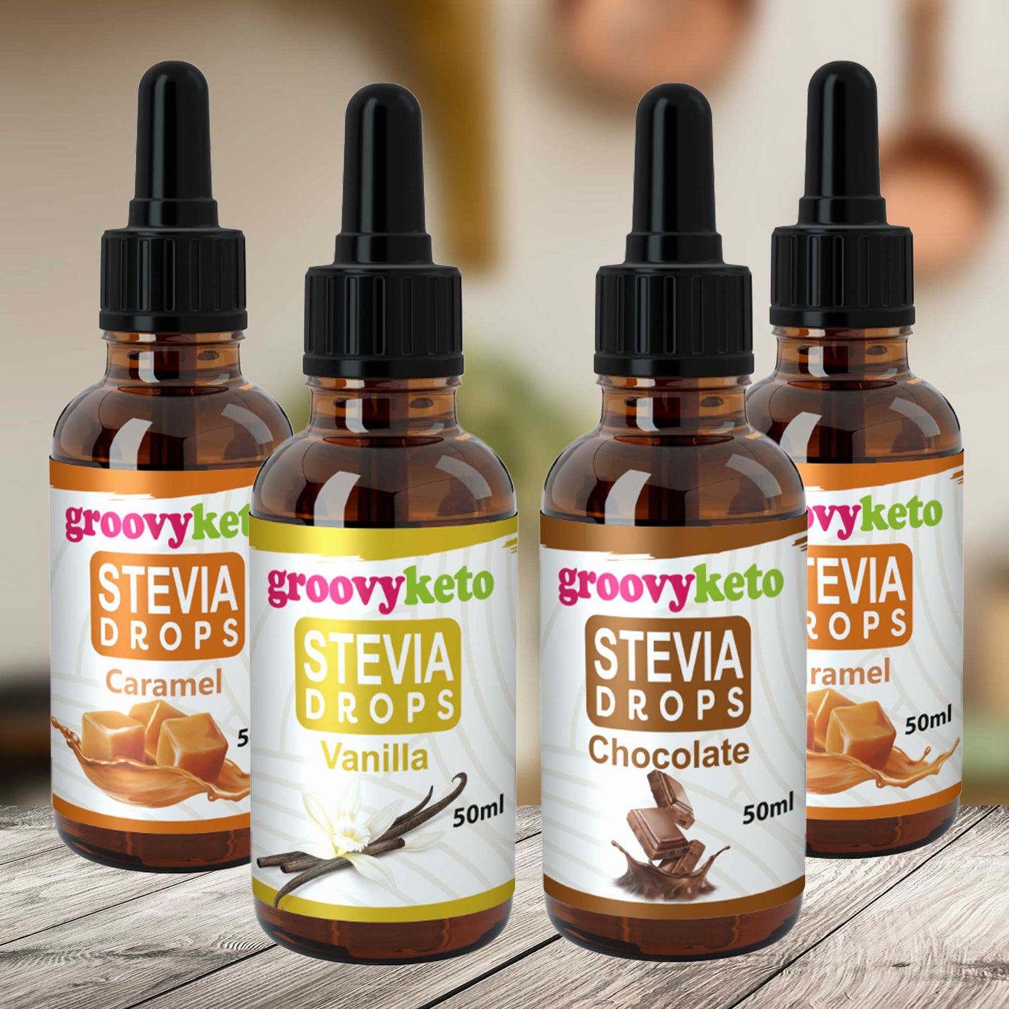 Four bottles of Groovy Keto liquid stevia drops in different flavors including Vanilla, Chocolate, Caramel, and Pure, displayed on a wooden surface.