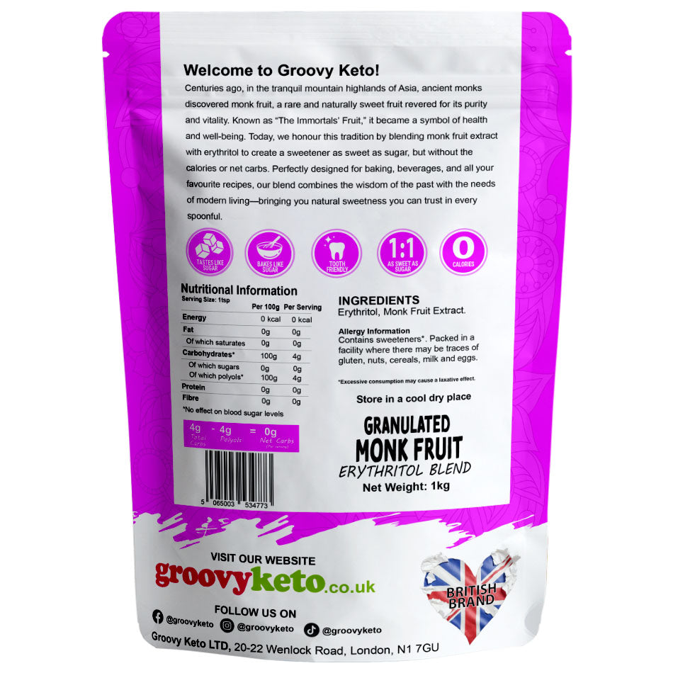 Back of monk fruit sweetener packaging