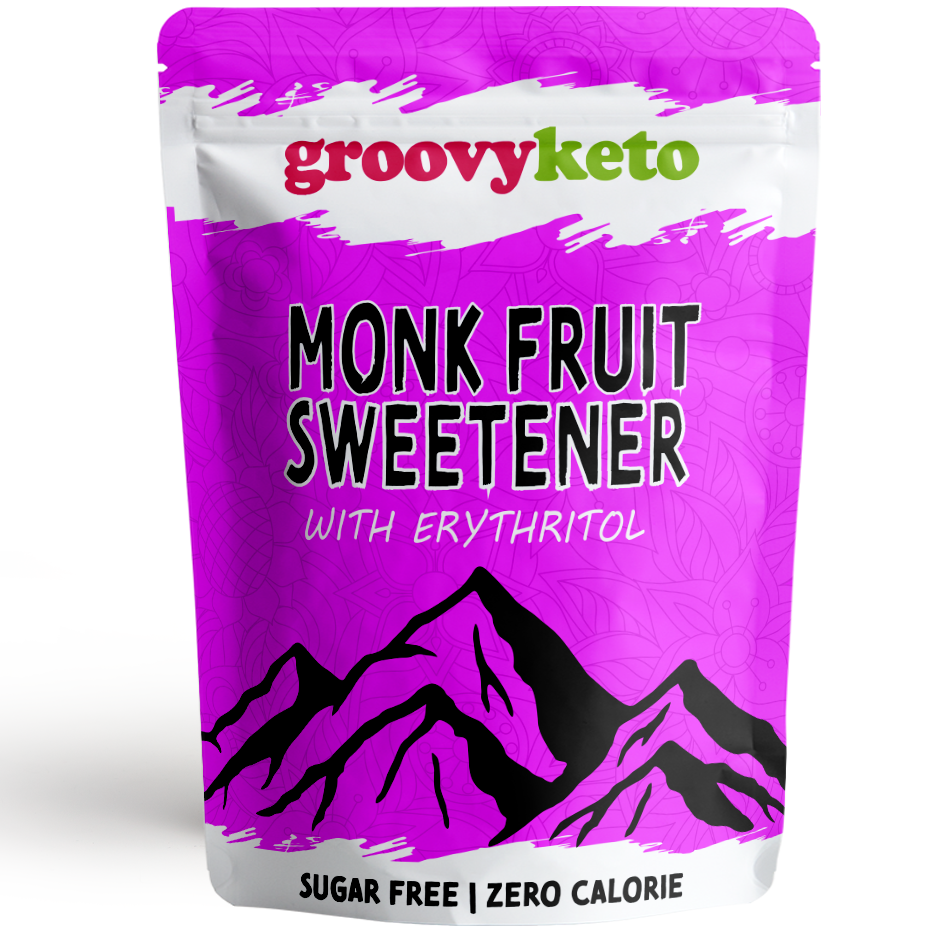 A package of Groovy Keto Monk Fruit Sweetener with Erythritol in a purple resealable pouch.
