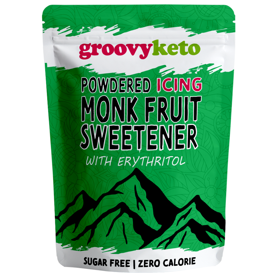 A package of Groovy Keto powdered monk fruit sweetener with erythritol. The packaging is green with a mountain range graphic and white text.