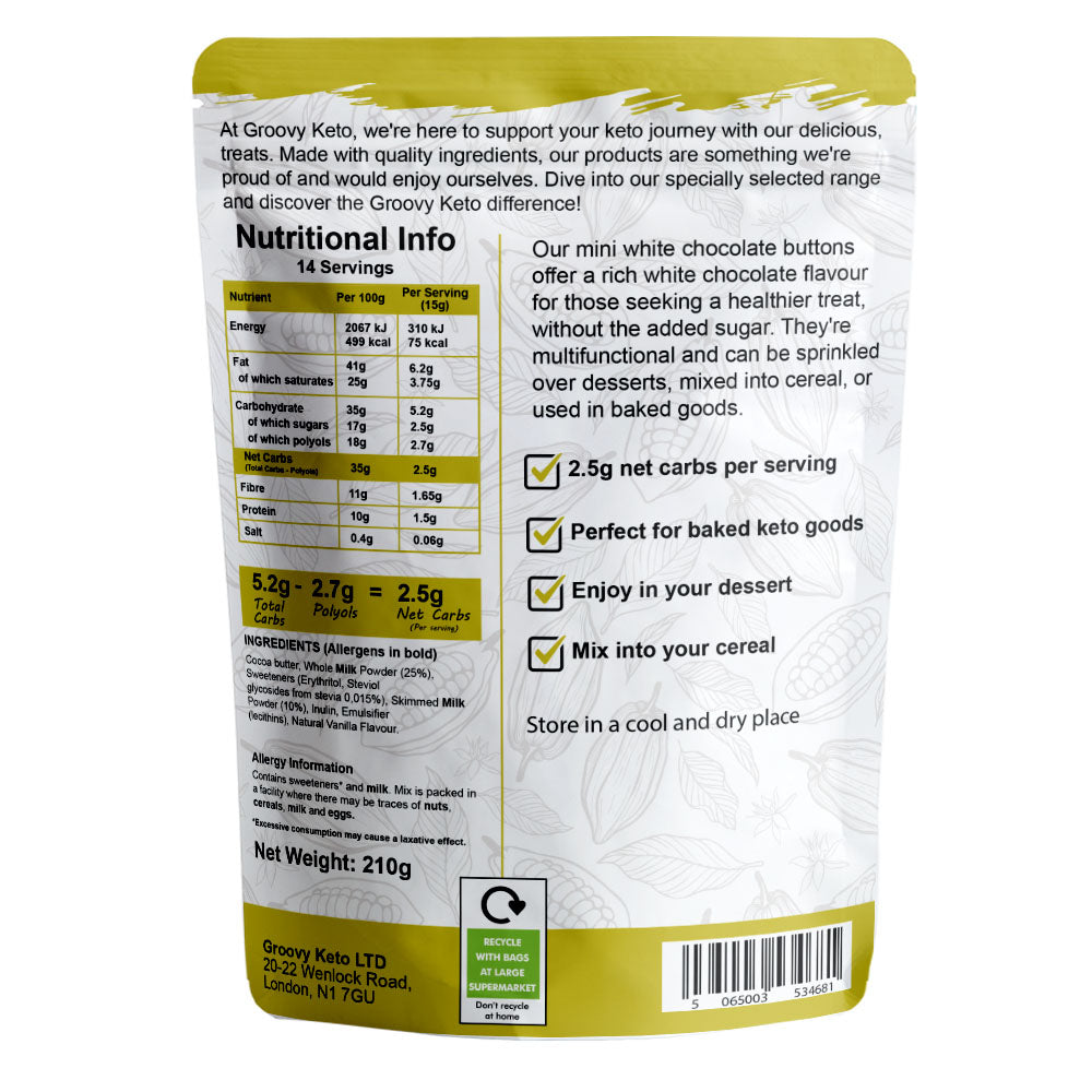 Keto White Chocolate Chips Back containing nutritional information