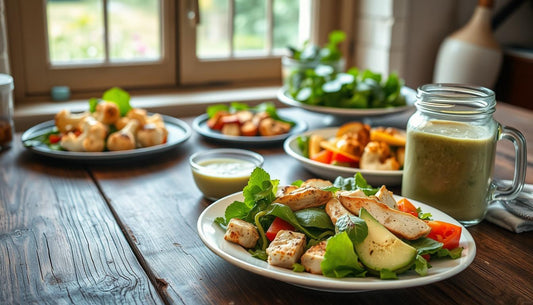 Keto lunch of grilled chicken, avocado and salad leaves on a plate, with more low-carb dishes on a wooden table
