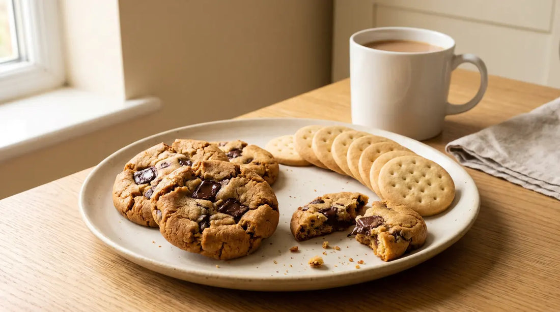 Thick chocolate chunk cookies beside a row of thin, crisp round biscuits on a cream plate, with a mug of tea on an oak table
