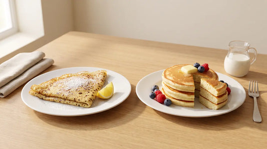 A folded golden crêpe with lemon beside a stack of thick, fluffy American pancakes with butter and berries on an oak table