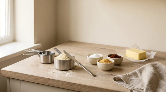 Brushed steel measuring cups on an oak worktop, one filled with almond flour with a knife across it, beside small bowls of sugar, ground almonds and cocoa and a block of butter