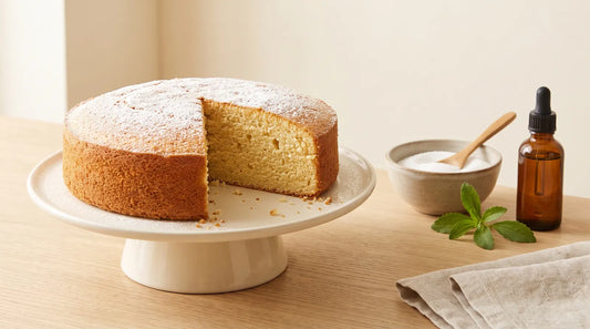 Vanilla sponge cake dusted with powdered sweetener on a cream cake stand, beside a bowl of granulated sweetener, fresh stevia leaves and an amber dropper bottle