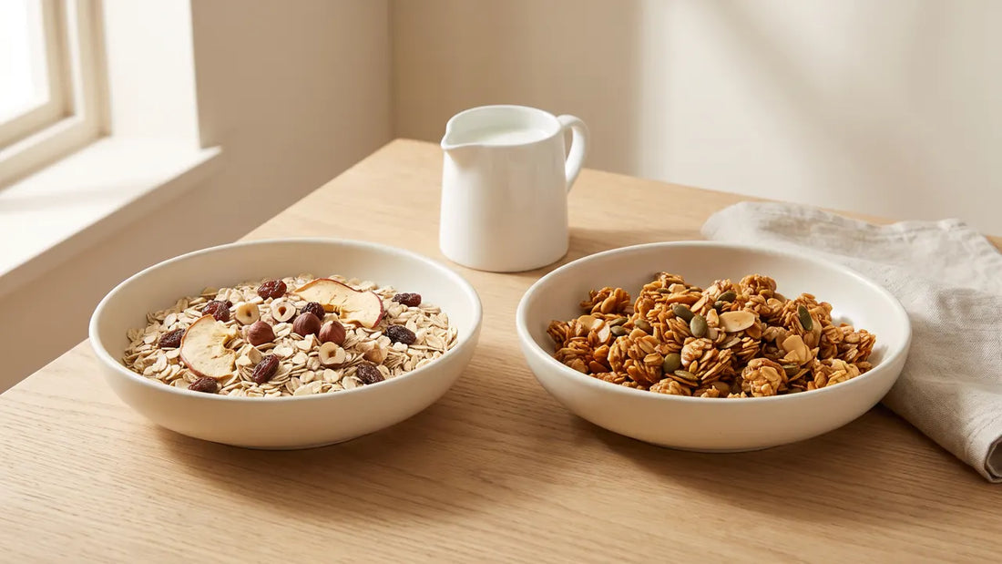 Raw muesli with oats, raisins and hazelnuts beside golden baked granola clusters with pumpkin seeds, in two cream bowls
