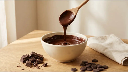 Cream bowl of glossy melted dark chocolate on an oak table, a wooden spoon dripping chocolate, with chopped chunks and drops