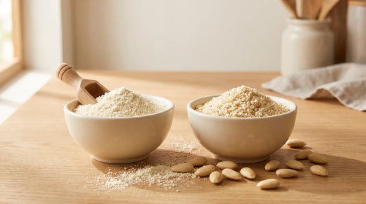 Two cream bowls on an oak table, one of fine pale almond flour with a wooden scoop and one of slightly coarser ground almonds, with blanched almonds scattered between