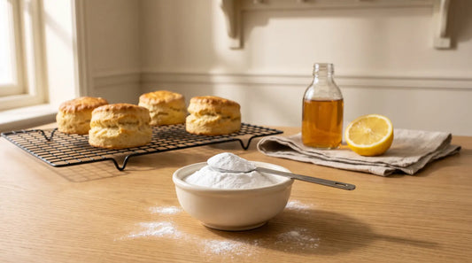A cream bowl of white bicarbonate of soda with a heaped measuring spoon on an oak worktop, with golden scones on a wire rack, a small bottle of cider vinegar and half a lemon behind