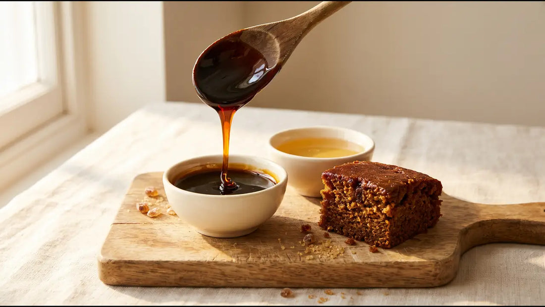 A spoon pouring glossy black treacle into a cream bowl beside a bowl of golden syrup and a square of parkin on an oak board