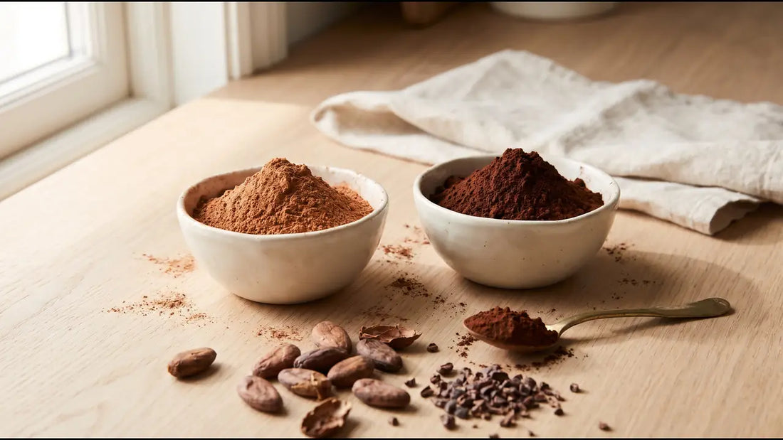 Two cream bowls on an oak worktop, lighter cacao powder on the left and darker cocoa powder on the right, with cacao beans and nibs