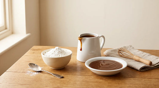 A cream bowl of fine white cornflour with a silver teaspoon beside a white jug and a shallow dish of thick, glossy brown gravy on an oak table