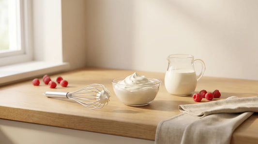 Glass bowl of whipped double cream with soft peaks beside a balloon whisk, a small glass jug of pouring cream and fresh raspberries on an oak worktop
