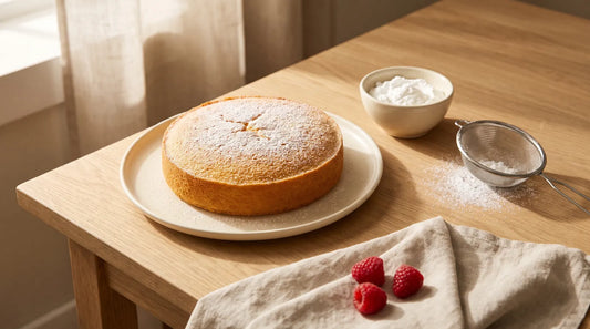 Golden sponge cake with a fine dusting of white powder on a cream plate, beside a small bowl of powder, a sieve and three raspberries on an oak table