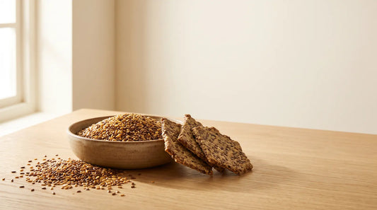 Ceramic bowl of golden and brown linseed with loose seeds spilled beside it and three seeded crackers leaning against the bowl on an oak table