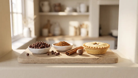 Small white dish of whole allspice berries beside a dish of ground mixed spice, a cinnamon stick, a whole nutmeg and a mince pie on an oak board