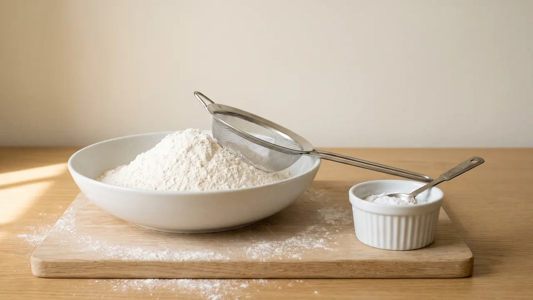 White bowl of plain flour with a metal sieve resting on its rim and a small ramekin of baking powder with a measuring spoon, on an oak board dusted with flour