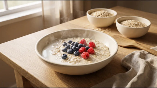 Cream bowl of oat porridge with blueberries and raspberries on an oak table, beside bowls of rolled oats and pinhead oatmeal