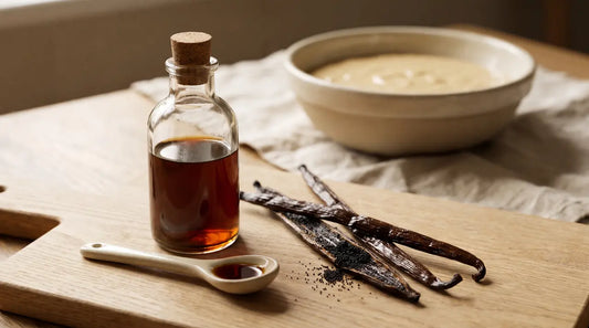 A small corked glass bottle of dark vanilla extract beside three cured vanilla pods, one split, and a teaspoon on an oak board
