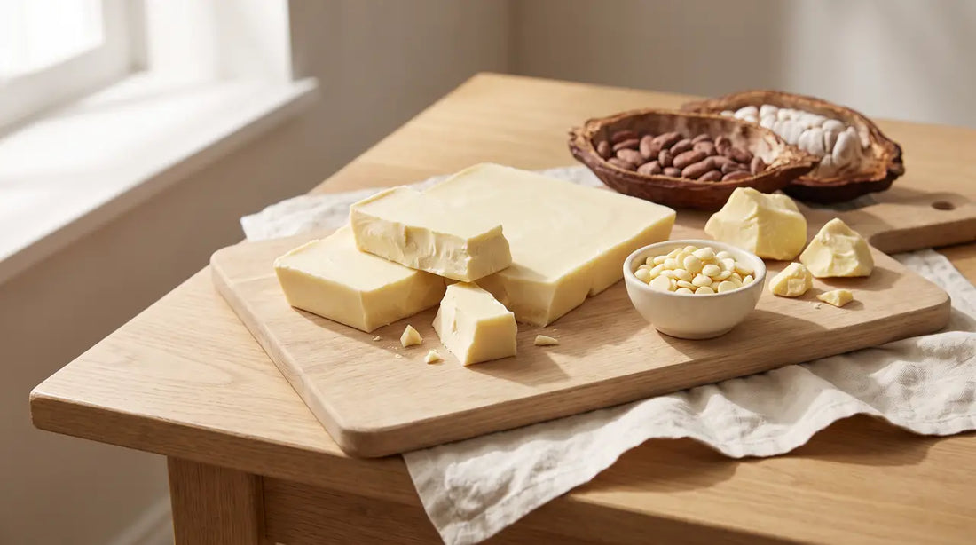 Ivory white chocolate chunks on an oak board with a bowl of white chocolate drops, cocoa butter pieces and split cocoa pods