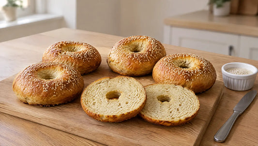 Four golden keto bagels topped with sesame seeds on an oak board, beside one sliced in half to show its chewy crumb