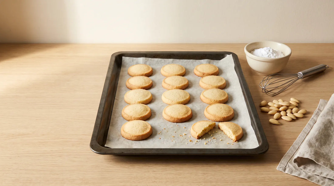Baking tray of freshly baked golden round almond-flour biscuits, one broken to show the crumb, beside a bowl of powdered sweetener, a whisk and blanched almonds on an oak worktop