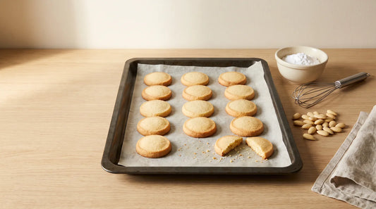 Baking tray of freshly baked golden round almond-flour biscuits, one broken to show the crumb, beside a bowl of powdered sweetener, a whisk and blanched almonds on an oak worktop