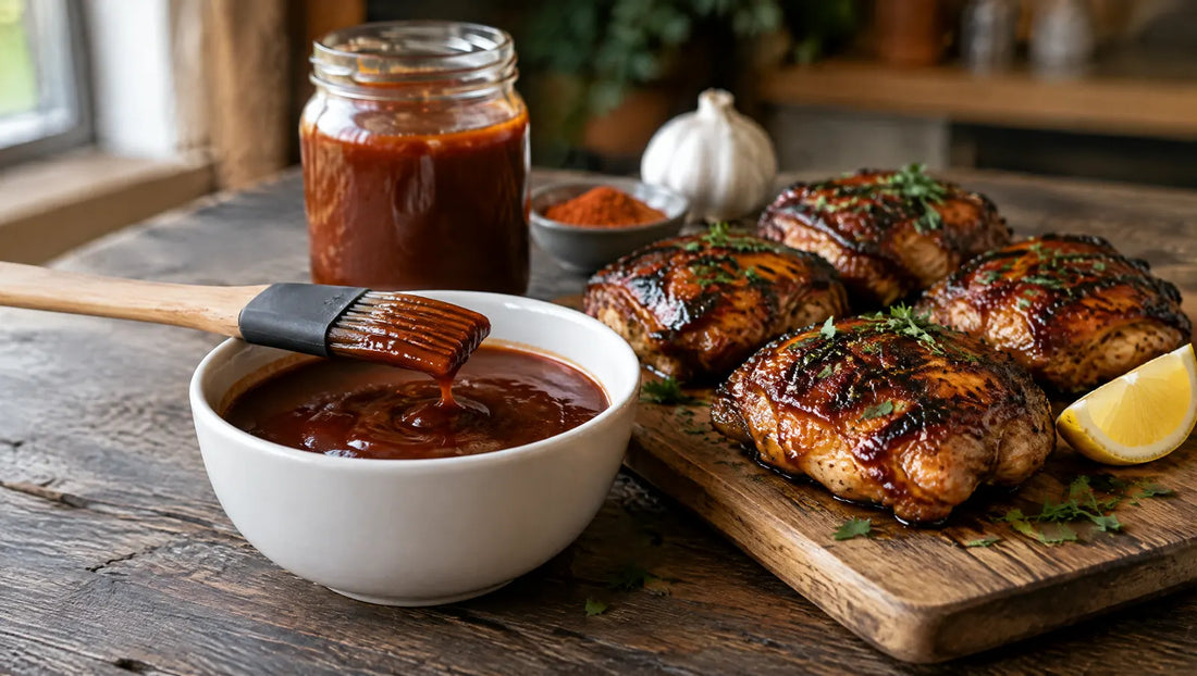 Keto BBQ sauce in a white bowl with a pastry brush, beside four glazed chargrilled chicken thighs on a wooden board