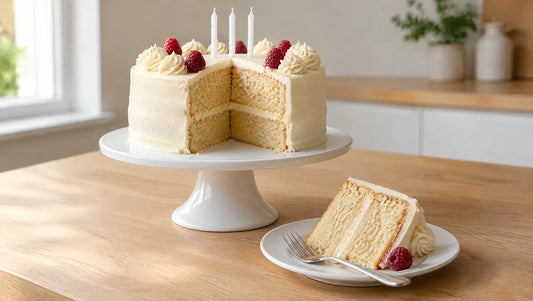 Keto birthday cake with vanilla buttercream, raspberries and candles on a white cake stand, a slice cut out to show two sponge layers