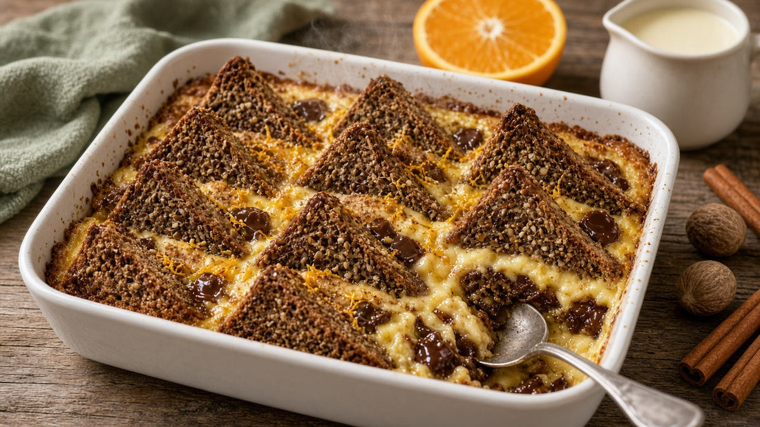 Keto bread and butter pudding with orange and dark chocolate in a white ovenproof dish