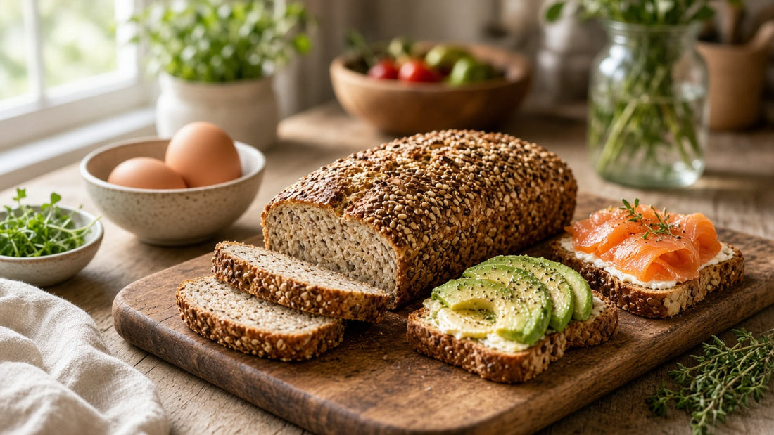 Sliced seeded low-carb keto bread with avocado and smoked salmon toast