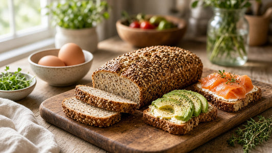 Sliced seeded low-carb keto bread with avocado and smoked salmon toast