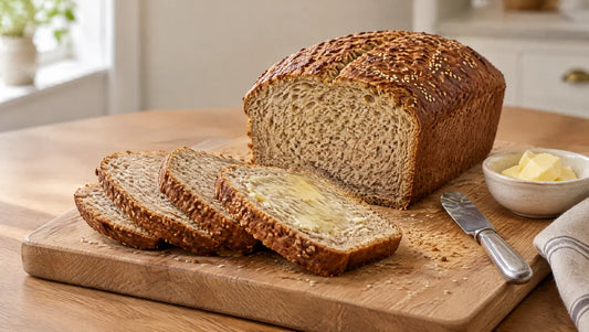 Golden keto psyllium husk bread loaf topped with sesame seeds on an oak board, with four slices cut to show the soft crumb and one spread with butter