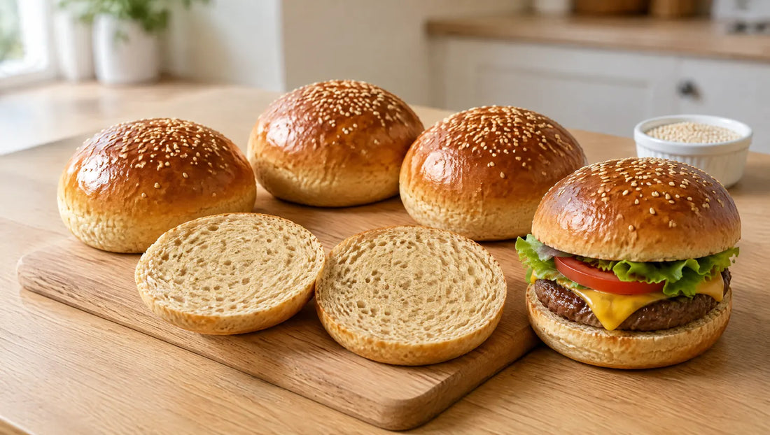 Three golden keto burger buns on an oak board, with a fourth split to show its soft crumb and one made into a cheeseburger