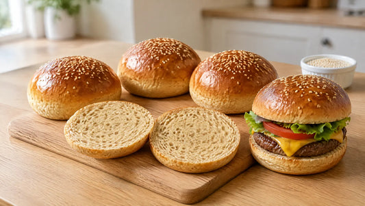 Three golden keto burger buns on an oak board, with a fourth split to show its soft crumb and one made into a cheeseburger