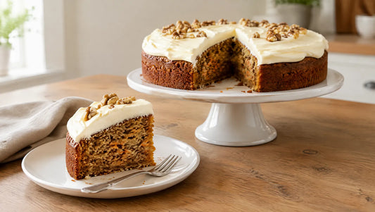 A keto carrot cake topped with thick cream cheese frosting and walnut pieces on a white cake stand with a wedge cut out to show the moist, carrot-flecked crumb, and a slice on a white plate with a fork beside a beige linen napkin on an oak table