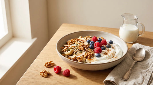 Bowl of crunchy nut and seed keto granola with walnuts, cashews, pumpkin seeds and coconut flakes over Greek yoghurt, topped with raspberries and blueberries, beside a small jug of milk on an oak table