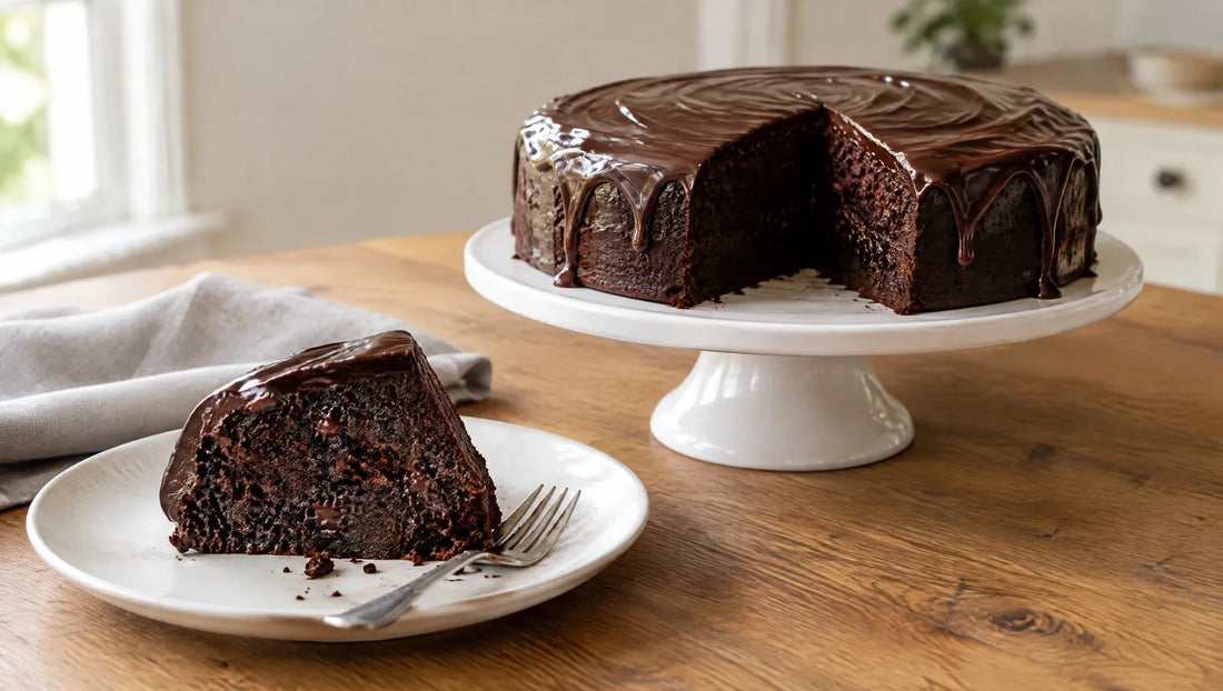 A keto chocolate fudge cake covered in glossy dark chocolate ganache dripping down the sides, on a white cake stand with a wedge cut out, and the slice on a white plate with a fork beside a grey napkin on an oak table